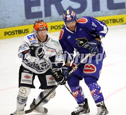 EBEL. Eishockey Bundesliga. EC Pasut VSV gegen Iserlohn Roosters. Kyle Wanvig, (VSV), Lasse Kopitz  (Iserlohn Roosters). Villach, am 28.8.2011.
Foto: Kuess 


---
pressefotos, pressefotografie, kuess, qs, qspictures, sport, bild, bilder, bilddatenbank