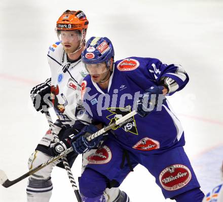 EBEL. Eishockey Bundesliga. EC Pasut VSV gegen Iserlohn Roosters. Kyle Wanvig,  (VSV), Lasse Kopitz (Iserlohn Roosters). Villach, am 28.8.2011.
Foto: Kuess 


---
pressefotos, pressefotografie, kuess, qs, qspictures, sport, bild, bilder, bilddatenbank