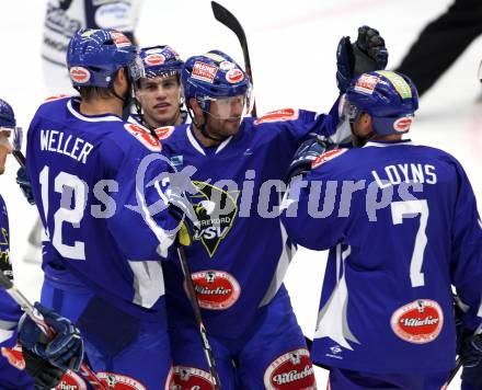 EBEL. Eishockey Bundesliga. EC Pasut VSV gegen Iserlohn Roosters. Torjubel VSV. Villach, am 28.8.2011.
Foto: Kuess 


---
pressefotos, pressefotografie, kuess, qs, qspictures, sport, bild, bilder, bilddatenbank