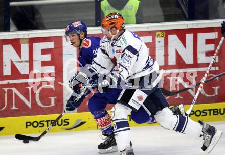 EBEL. Eishockey Bundesliga. EC Pasut VSV gegen Iserlohn Roosters. Nikolaus Hartl,  (VSV), Jeff Cowan (Iserlohn Roosters). Villach, am 28.8.2011.
Foto: Kuess 


---
pressefotos, pressefotografie, kuess, qs, qspictures, sport, bild, bilder, bilddatenbank