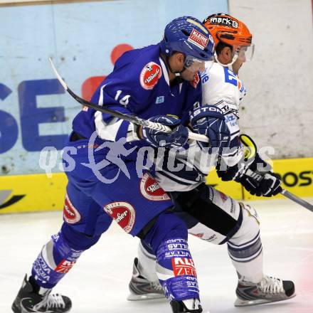 EBEL. Eishockey Bundesliga. EC Pasut VSV gegen Iserlohn Roosters. Kyle Wanvig,  (VSV), Mark Ardelan (Iserlohn Roosters). Villach, am 28.8.2011.
Foto: Kuess 


---
pressefotos, pressefotografie, kuess, qs, qspictures, sport, bild, bilder, bilddatenbank