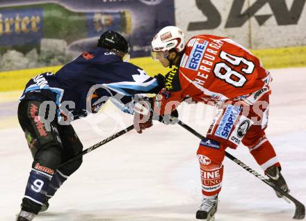 Eishockey Testspiel KAC gegen ERC Ingolstadt. Herburger Raphael (KAC), Jeff Likens (ERC Ingolstadt). Klagenfurt, 28.8.2011.
Foto: Kuess 

---
pressefotos, pressefotografie, kuess, qs, qspictures, sport, bild, bilder, bilddatenbank
