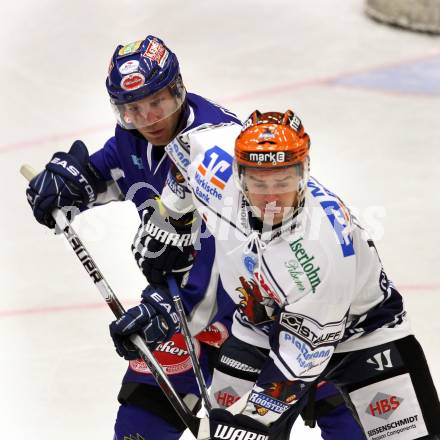 EBEL. Eishockey Bundesliga. EC Pasut VSV gegen Iserlohn Roosters.  Lynn Loyns, (VSV), Michael Hackert (Iserlohn Roosters). Villach, am 28.8.2011.
Foto: Kuess 


---
pressefotos, pressefotografie, kuess, qs, qspictures, sport, bild, bilder, bilddatenbank