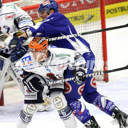 EBEL. Eishockey Bundesliga. EC Pasut VSV gegen Iserlohn Roosters. Kyle Wanvig, (VSV), Lasse Kopitz  (Iserlohn Roosters). Villach, am 28.8.2011.
Foto: Kuess 


---
pressefotos, pressefotografie, kuess, qs, qspictures, sport, bild, bilder, bilddatenbank