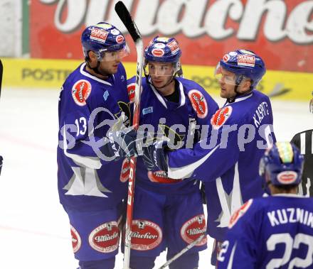 EBEL. Eishockey Bundesliga. EC Pasut VSV gegen Ritten Sport Bozen.  Torjubel Benjamin Petrik, Marco Pewal, Rolans Kaspitz (VSV). Villach, am 4.9.2011.
Foto: Kuess 


---
pressefotos, pressefotografie, kuess, qs, qspictures, sport, bild, bilder, bilddatenbank