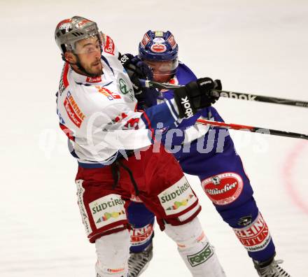 EBEL. Eishockey Bundesliga. EC Pasut VSV gegen Ritten Sport Bozen.  Gerhard Unterluggauer, (VSV), Emanuel Scelfo (Ritten Sport Bozen). Villach, am 4.9.2011.
Foto: Kuess 


---
pressefotos, pressefotografie, kuess, qs, qspictures, sport, bild, bilder, bilddatenbank