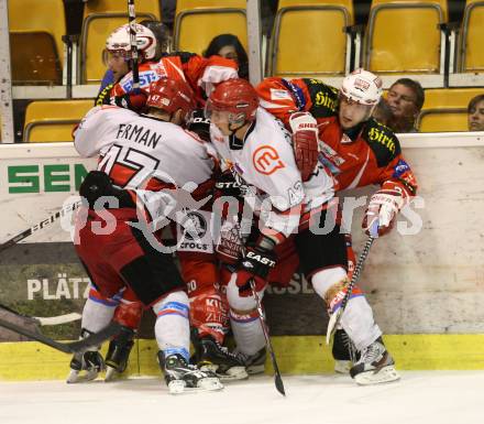 Eishockey Testspiel KAC gegen Jesenice. Lammers John, Ratz Herbert (KAC). Klagenfurt, 4.9.2011.
Foto: Kuess 

---
pressefotos, pressefotografie, kuess, qs, qspictures, sport, bild, bilder, bilddatenbank