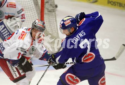 EBEL. Eishockey Bundesliga. EC Pasut VSV gegen Ritten Sport Bozen.  Lynn Loyns, (VSV),  Benjamin Bregenzer (Ritten Sport Bozen). Villach, am 4.9.2011.
Foto: Kuess 


---
pressefotos, pressefotografie, kuess, qs, qspictures, sport, bild, bilder, bilddatenbank