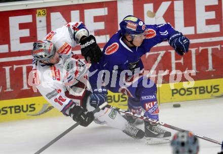 EBEL. Eishockey Bundesliga. EC Pasut VSV gegen Ritten Sport Bozen.  Nico Toff,  (VSV), Scott May (Ritten Sport Bozen). Villach, am 4.9.2011.
Foto: Kuess 


---
pressefotos, pressefotografie, kuess, qs, qspictures, sport, bild, bilder, bilddatenbank