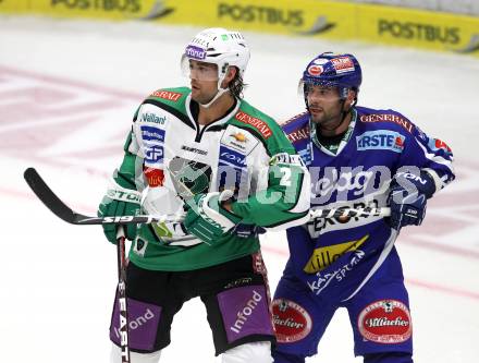 EBEL. Eishockey Bundesliga. EC Rekord Fenster VSV gegen HDD TILIA Olimpija Ljubljana. Pierre Luc Sleigher,  (VSV), Brad Cole (Laibach). Villach, am 9.9.2011.
Foto: Kuess 


---
pressefotos, pressefotografie, kuess, qs, qspictures, sport, bild, bilder, bilddatenbank