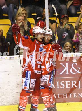 EBEL. Eishockey Bundesliga.  KAC gegen EC Red Bull Salzburg. Torjubel SPURGEON Tyler,  SCOFIELD Tyler (KAC). Klagenfurt, 9.9.2011.
Foto: Kuess 

---
pressefotos, pressefotografie, kuess, qs, qspictures, sport, bild, bilder, bilddatenbank