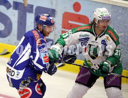 EBEL. Eishockey Bundesliga. EC Rekord Fenster VSV gegen HDD TILIA Olimpija Ljubljana. Lynn Loyns,  (VSV), Tomi Mustonen (Laibach). Villach, am 9.9.2011.
Foto: Kuess 


---
pressefotos, pressefotografie, kuess, qs, qspictures, sport, bild, bilder, bilddatenbank