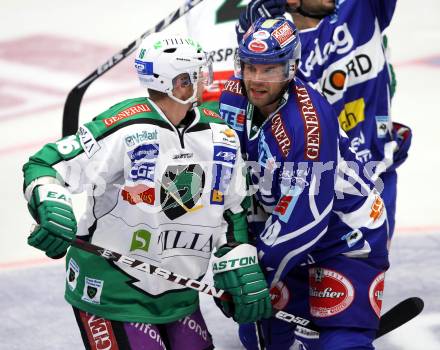 EBEL. Eishockey Bundesliga. EC Rekord Fenster VSV gegen HDD TILIA Olimpija Ljubljana. Derek Damon,  (VSV), Ales Music (Laibach). Villach, am 9.9.2011.
Foto: Kuess 


---
pressefotos, pressefotografie, kuess, qs, qspictures, sport, bild, bilder, bilddatenbank