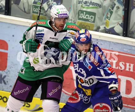 EBEL. Eishockey Bundesliga. EC Rekord Fenster VSV gegen HDD TILIA Olimpija Ljubljana.  Pierre Luc Sleigher, (VSV), Brad Cole (Laibach). Villach, am 9.9.2011.
Foto: Kuess 


---
pressefotos, pressefotografie, kuess, qs, qspictures, sport, bild, bilder, bilddatenbank