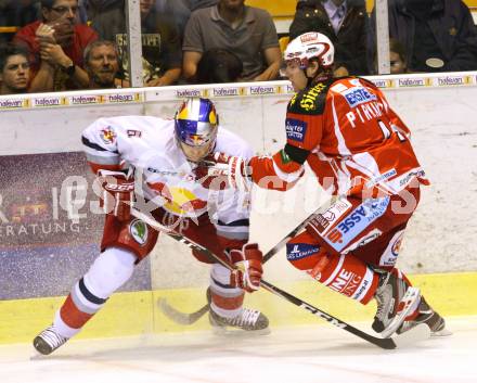 EBEL. Eishockey Bundesliga.  KAC gegen EC Red Bull Salzburg. PIRMANN Markus (KAC), PALLESTRANG Alexander (Salzburg). Klagenfurt, 9.9.2011.
Foto: Kuess 

---
pressefotos, pressefotografie, kuess, qs, qspictures, sport, bild, bilder, bilddatenbank