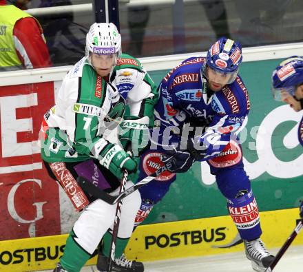 EBEL. Eishockey Bundesliga. EC Rekord Fenster VSV gegen HDD TILIA Olimpija Ljubljana. Derek Damon, (VSV), Domen Vedlin  (Laibach). Villach, am 9.9.2011.
Foto: Kuess 


---
pressefotos, pressefotografie, kuess, qs, qspictures, sport, bild, bilder, bilddatenbank