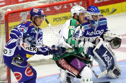 EBEL. Eishockey Bundesliga. EC Rekord Fenster VSV gegen HDD TILIA Olimpija Ljubljana.  Stefan Bacher, Bernhard Starkbaum, (VSV), Petr Sachl (Laibach). Villach, am 9.9.2011.
Foto: Kuess 


---
pressefotos, pressefotografie, kuess, qs, qspictures, sport, bild, bilder, bilddatenbank