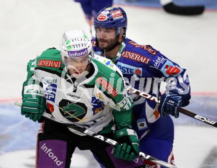 EBEL. Eishockey Bundesliga. EC Rekord Fenster VSV gegen HDD TILIA Olimpija Ljubljana.  Nicolas Petrik, (VSV), Justin Taylor  (Laibach). Villach, am 9.9.2011.
Foto: Kuess 


---
pressefotos, pressefotografie, kuess, qs, qspictures, sport, bild, bilder, bilddatenbank