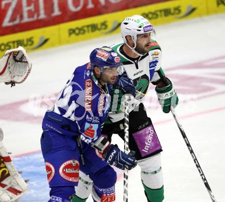 EBEL. Eishockey Bundesliga. EC Rekord Fenster VSV gegen HDD TILIA Olimpija Ljubljana. Pierre Luc Sleigher,  (VSV), Scott Hotham (Laibach). Villach, am 9.9.2011.
Foto: Kuess 


---
pressefotos, pressefotografie, kuess, qs, qspictures, sport, bild, bilder, bilddatenbank