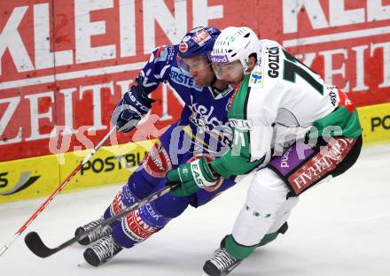 EBEL. Eishockey Bundesliga. EC Rekord Fenster VSV gegen HDD TILIA Olimpija Ljubljana. Greg Kuznik,  (VSV), Bostjan Golicic (Laibach). Villach, am 9.9.2011.
Foto: Kuess 


---
pressefotos, pressefotografie, kuess, qs, qspictures, sport, bild, bilder, bilddatenbank