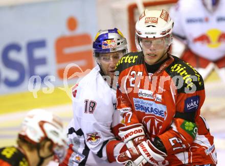 EBEL. Eishockey Bundesliga.  KAC gegen EC Red Bull Salzburg. HUNDERTPFUND Thomas (KAC), BOIS Daniel (Salzburg). Klagenfurt, 9.9.2011.
Foto: Kuess 

---
pressefotos, pressefotografie, kuess, qs, qspictures, sport, bild, bilder, bilddatenbank