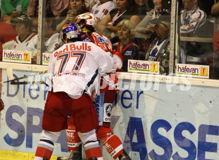 EBEL. Eishockey Bundesliga.  KAC gegen EC Red Bull Salzburg. Schumnig Martin (KAC), Muehlstein Florian (Salzburg). Klagenfurt, 9.9.2011.
Foto: Kuess 

---
pressefotos, pressefotografie, kuess, qs, qspictures, sport, bild, bilder, bilddatenbank