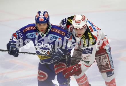 EBEL. Eishockey Bundesliga. EC Rekord Fenster VSV gegen EC KAC. Derek Damon, (VSV), David Schuller  (KAC). Villach, am 18.9.2011.
Foto: Kuess 


---
pressefotos, pressefotografie, kuess, qs, qspictures, sport, bild, bilder, bilddatenbank