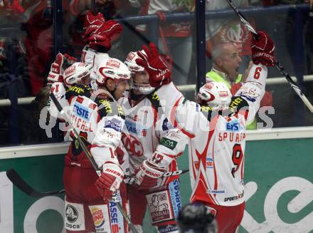 EBEL. Eishockey Bundesliga. EC Rekord Fenster VSV gegen EC KAC.  Torjubel KAC. Villach, am 18.9.2011.
Foto: Kuess 


---
pressefotos, pressefotografie, kuess, qs, qspictures, sport, bild, bilder, bilddatenbank