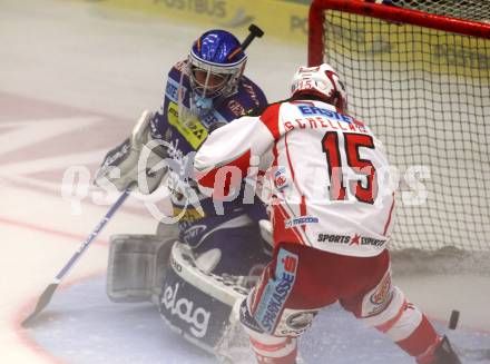 EBEL. Eishockey Bundesliga. EC Rekord Fenster VSV gegen EC KAC. Bernhard Starkbaum,  (VSV), Paul Schellander (KAC). Villach, am 18.9.2011.
Foto: Kuess 


---
pressefotos, pressefotografie, kuess, qs, qspictures, sport, bild, bilder, bilddatenbank