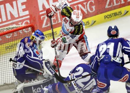 EBEL. Eishockey Bundesliga. EC Rekord Fenster VSV gegen EC KAC. Bernhard Starkbaum,  (VSV), John Lammers (KAC). Villach, am 18.9.2011.
Foto: Kuess 


---
pressefotos, pressefotografie, kuess, qs, qspictures, sport, bild, bilder, bilddatenbank