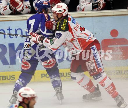 EBEL. Eishockey Bundesliga. EC Rekord Fenster VSV gegen EC KAC. Lynn Loyns,  (VSV), Mike Siklenka (KAC). Villach, am 18.9.2011.
Foto: Kuess 


---
pressefotos, pressefotografie, kuess, qs, qspictures, sport, bild, bilder, bilddatenbank