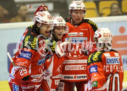 EBEL. Eishockey Bundesliga.  KAC gegen Graz 99ers. Torjubel BRANDNER Christoph, RATZ Herbert, SIKLENKA Michael,SCOFIELD Tyler (KAC), . Klagenfurt, 23.9.2011.
Foto: Kuess 

---
pressefotos, pressefotografie, kuess, qs, qspictures, sport, bild, bilder, bilddatenbank