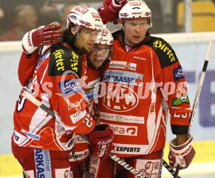 EBEL. Eishockey Bundesliga.  KAC gegen Graz 99ers. Torjubel BRANDNER Christoph, RATZ Herbert, SIKLENKA Michael (KAC), (Graz). Klagenfurt, 23.9.2011.
Foto: Kuess 

---
pressefotos, pressefotografie, kuess, qs, qspictures, sport, bild, bilder, bilddatenbank