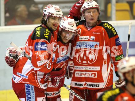 EBEL. Eishockey Bundesliga.  KAC gegen Graz 99ers. Torjubel BRANDNER Christoph, RATZ Herbert, SIKLENKA Michael (KAC),. Klagenfurt, 23.9.2011.
Foto: Kuess 

---
pressefotos, pressefotografie, kuess, qs, qspictures, sport, bild, bilder, bilddatenbank