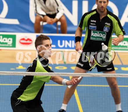 Badminton. ASKOE Kelag Kaernten gegen BSC 70 Linz. Dominik Trojan, Michael Trojan (Kaernten). Klagenfurt, am 24.9.2011.
Foto: Kuess
---
pressefotos, pressefotografie, kuess, qs, qspictures, sport, bild, bilder, bilddatenbank