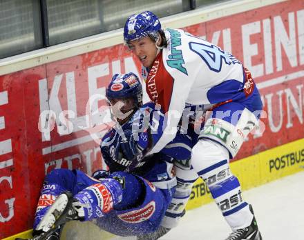 EBEL. Eishockey Bundesliga. EC Rekord Fenster VSV gegen KHL Medvescak Zagreb. PETRIK Nicolas (VSV), BRINE David (Zagreb). Villach, am 25.9.2011.
Foto: Kuess 


---
pressefotos, pressefotografie, kuess, qs, qspictures, sport, bild, bilder, bilddatenbank