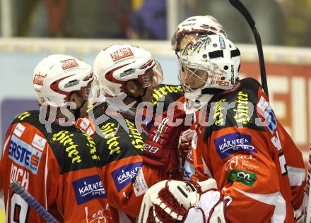 EBEL. Eishockey Bundesliga.  KAC gegen SAPA Fehervar AV19. Jubel Thomas Koch Dieter Kalt, Rene Swette (KAC). Klagenfurt, 25.9.2011.
Foto: Kuess 

---
pressefotos, pressefotografie, kuess, qs, qspictures, sport, bild, bilder, bilddatenbank