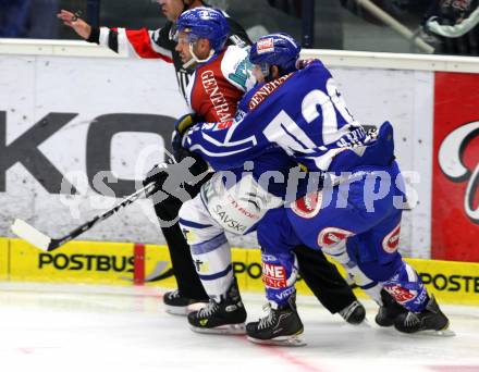 EBEL. Eishockey Bundesliga. EC Rekord Fenster VSV gegen KHL Medvescak Zagreb. MARTINZ Christof (VSV), LETANG Alan (Zagreb). Villach, am 25.9.2011.
Foto: Kuess 


---
pressefotos, pressefotografie, kuess, qs, qspictures, sport, bild, bilder, bilddatenbank