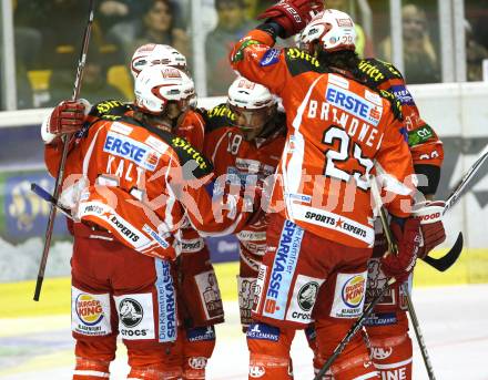 EBEL. Eishockey Bundesliga.  KAC gegen UPC Vienna Capitals. Torjubel KAC. Klagenfurt, 7.10.2011.
Foto: Kuess 

---
pressefotos, pressefotografie, kuess, qs, qspictures, sport, bild, bilder, bilddatenbank
