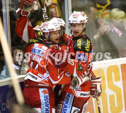 EBEL. Eishockey Bundesliga.  KAC gegen UPC Vienna Capitals. torjubel LAMMERS John, HUNDERTPFUND Thomas, PIRMANN Markus (KAC. Klagenfurt, 7.10.2011.
Foto: Kuess 

---
pressefotos, pressefotografie, kuess, qs, qspictures, sport, bild, bilder, bilddatenbank