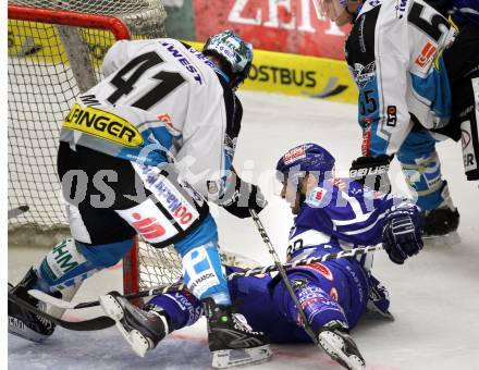 EBEL. Eishockey Bundesliga. EC Rekord Fenster VSV gegen EHC LIWEST Linz. Pierre Luc Sleigher,  (VSV), Curtis Murphy (Linz). Villach, am 7.10.2011.
Foto: Kuess 


---
pressefotos, pressefotografie, kuess, qs, qspictures, sport, bild, bilder, bilddatenbank