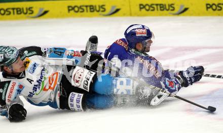 EBEL. Eishockey Bundesliga. EC Rekord Fenster VSV gegen EHC LIWEST Linz. Pierre Luc Sleigher, (VSV),  Curtis Murphy (Linz). Villach, am 7.10.2011.
Foto: Kuess 


---
pressefotos, pressefotografie, kuess, qs, qspictures, sport, bild, bilder, bilddatenbank