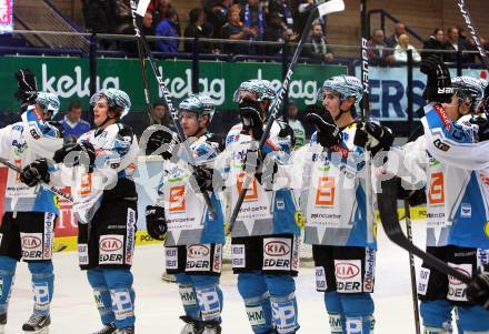 EBEL. Eishockey Bundesliga. EC Rekord Fenster VSV gegen EHC LIWEST Linz.  Jubel (Linz). Villach, am 7.10.2011.
Foto: Kuess 


---
pressefotos, pressefotografie, kuess, qs, qspictures, sport, bild, bilder, bilddatenbank