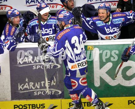 EBEL. Eishockey Bundesliga. EC Rekord Fenster VSV gegen EHC LIWEST Linz. Torjubel Markus Peintner (VSV). Villach, am 7.10.2011.
Foto: Kuess 


---
pressefotos, pressefotografie, kuess, qs, qspictures, sport, bild, bilder, bilddatenbank