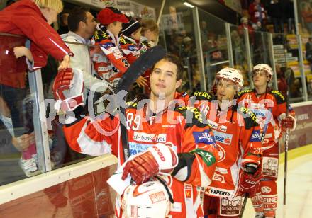 EBEL. Eishockey Bundesliga. KAC gegen HK Acroni Jesenice. Raphael Herburger, Thomas Koch, Stephan Geier (KAC). Klagenfurt, am 14.10.2011.
Foto: Kuess

---
pressefotos, pressefotografie, kuess, qs, qspictures, sport, bild, bilder, bilddatenbank