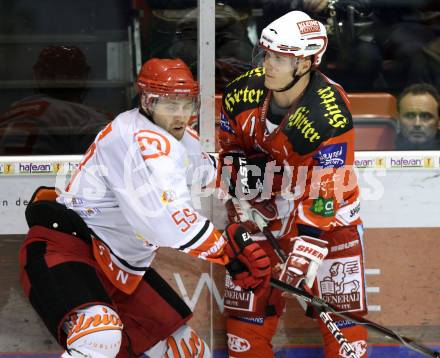 EBEL. Eishockey Bundesliga. KAC gegen HK Acroni Jesenice. Stephan Geier,  (KAC), Martin Tuma (Jesenice). Klagenfurt, am 14.10.2011.
Foto: Kuess

---
pressefotos, pressefotografie, kuess, qs, qspictures, sport, bild, bilder, bilddatenbank