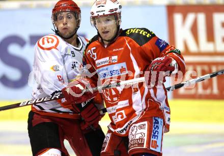 EBEL. Eishockey Bundesliga. KAC gegen HK Acroni Jesenice. Kirk Furey,  (KAC), James Sixsmith (Jesenice). Klagenfurt, am 14.10.2011.
Foto: Kuess

---
pressefotos, pressefotografie, kuess, qs, qspictures, sport, bild, bilder, bilddatenbank