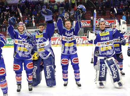 EBEL. Eishockey Bundesliga. EC Rekord Fenster VSV gegen UPC Vienna Capitals. Jubel VSV, Nikolaus Hartl, Marco Wieser, Mike Craig, Bernhard Starkbaum. Villach, am 21.10.2011.
Foto: Kuess 


---
pressefotos, pressefotografie, kuess, qs, qspictures, sport, bild, bilder, bilddatenbank