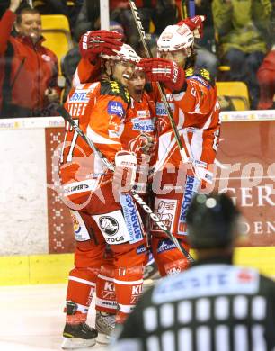 EBEL. Eishockey Bundesliga. KAC gegen VSV. Torjubel Dieter Kalt, Christoph Brandner, Gregor Hager (KAC). Klagenfurt, am 25.10.2011.
Foto: Kuess

---
pressefotos, pressefotografie, kuess, qs, qspictures, sport, bild, bilder, bilddatenbank