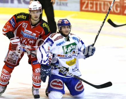 EBEL. Eishockey Bundesliga. KAC gegen VSV. Raphael Herburger,(KAC),  Christof Martinz (VSV). Klagenfurt, am 25.10.2011.
Foto: Kuess

---
pressefotos, pressefotografie, kuess, qs, qspictures, sport, bild, bilder, bilddatenbank